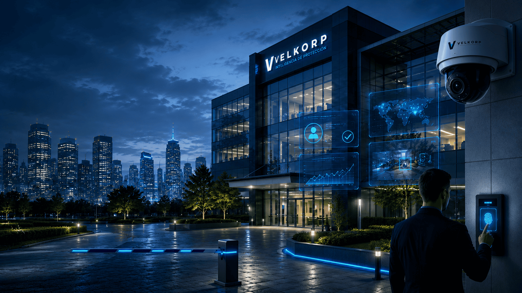 Edificio corporativo con seguridad inteligente, videovigilancia y control de acceso Velkorp